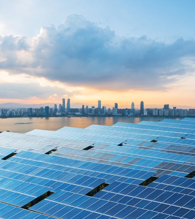 solar panels with cityscape of singapore